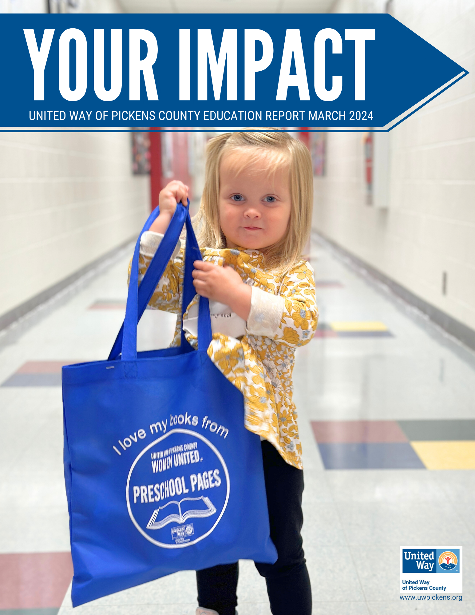 Early Education impact report 2024 cover a little girl holds her Preschool Pages tote bag in the hallway of a school