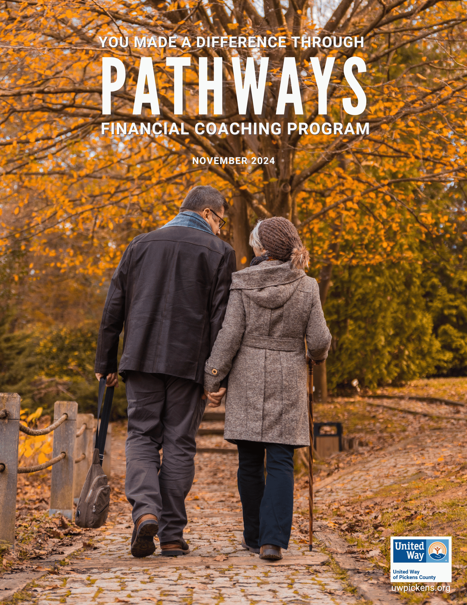 Pathways Impact Report 2024 cover page image of older couple holding hands walking down a path in the fall leaves